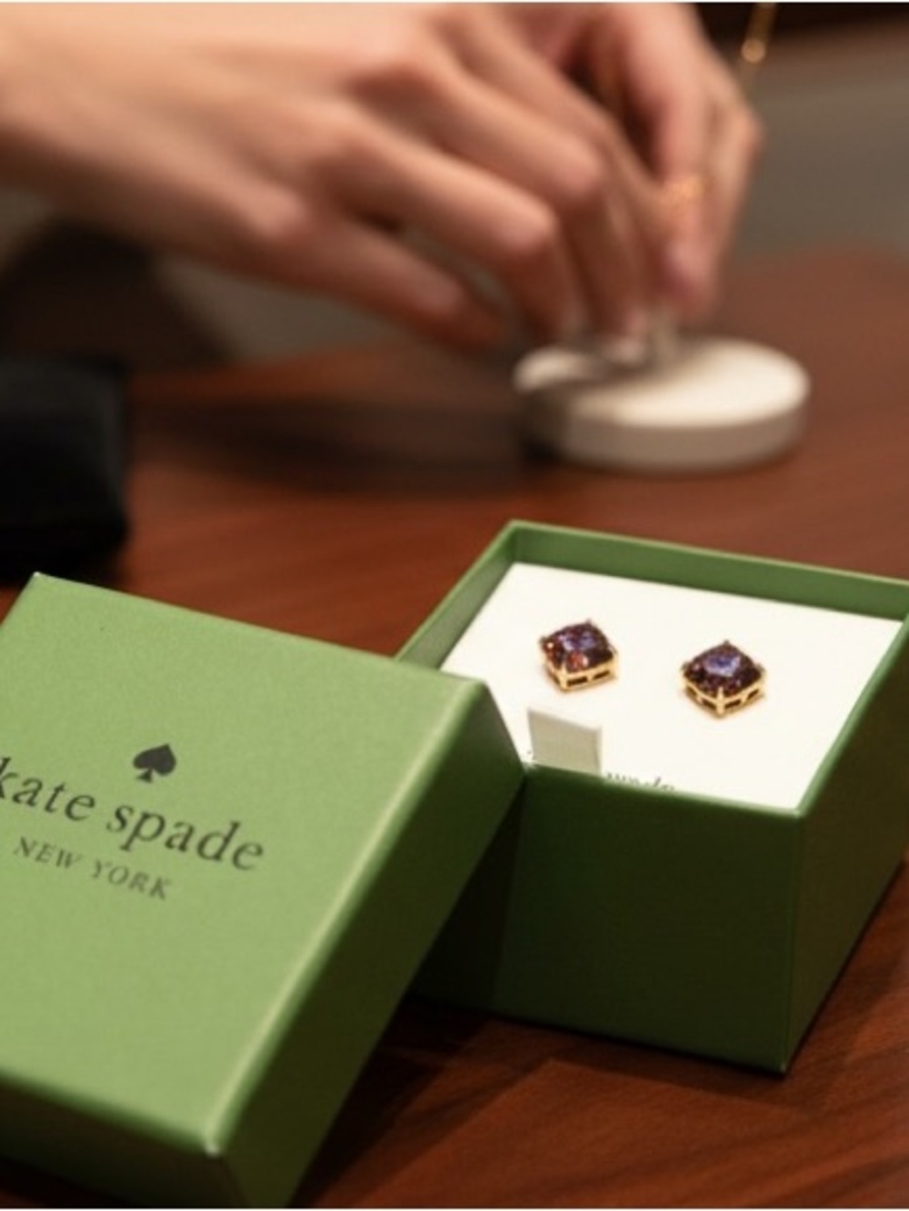 kate spade Gold Tone Stud Earrings with Purple Crystals